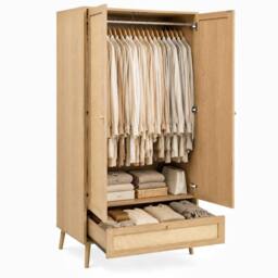 Merax Natural Oak 2 Door Rattan Effect Double Wardrobe with Rattan Drawer - thumbnail 8