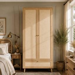 Merax Natural Oak 2 Door Rattan Effect Double Wardrobe with Rattan Drawer - thumbnail 2