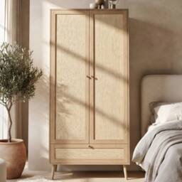 Merax Natural Oak 2 Door Rattan Effect Double Wardrobe with Rattan Drawer - thumbnail 4