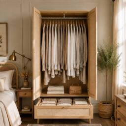 Merax Natural Oak 2 Door Rattan Effect Double Wardrobe with Rattan Drawer - thumbnail 3