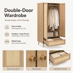 Merax Natural Oak 2 Door Rattan Effect Double Wardrobe with Rattan Drawer - thumbnail 7