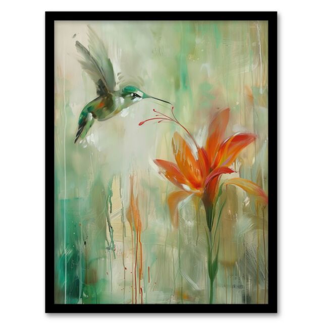 "Artery8 Daylily Flower Hummingbird Orange Green Painting Framed Art Print - Size: W12"" x H16""" - image 1