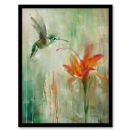 "Artery8 Daylily Flower Hummingbird Orange Green Painting Framed Art Print - Size: W12"" x H16""" - thumbnail 1