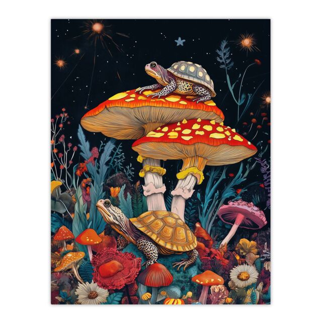 "Artery8 Turtle Toads Colourful Psychedelic Magic Mushroom Wall Art Print in Red - Size: W24"" x H32""" - image 1