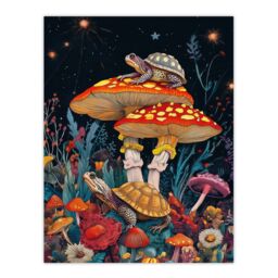 "Artery8 Turtle Toads Colourful Psychedelic Magic Mushroom Wall Art Print in Red - Size: W24"" x H32""" - thumbnail 1