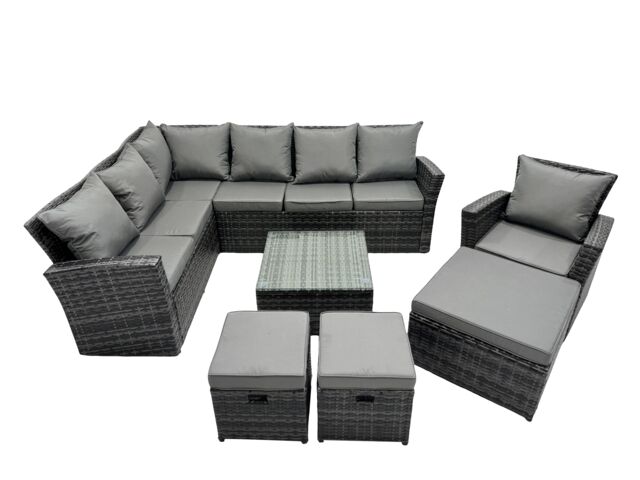 Fimous Rattan Corner Sofa Set with 3 Stool Chair for Garden Backyard in Dark Grey - image 1