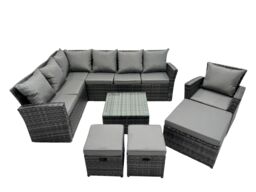 Fimous Rattan Corner Sofa Set with 3 Stool Chair for Garden Backyard in Dark Grey - thumbnail 1
