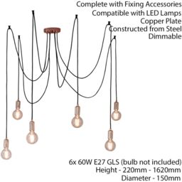 Loops Multi Light Ceiling Pendant 6 Bulb Gloss Copper Industrial Adjustable Hang Hook - thumbnail 2