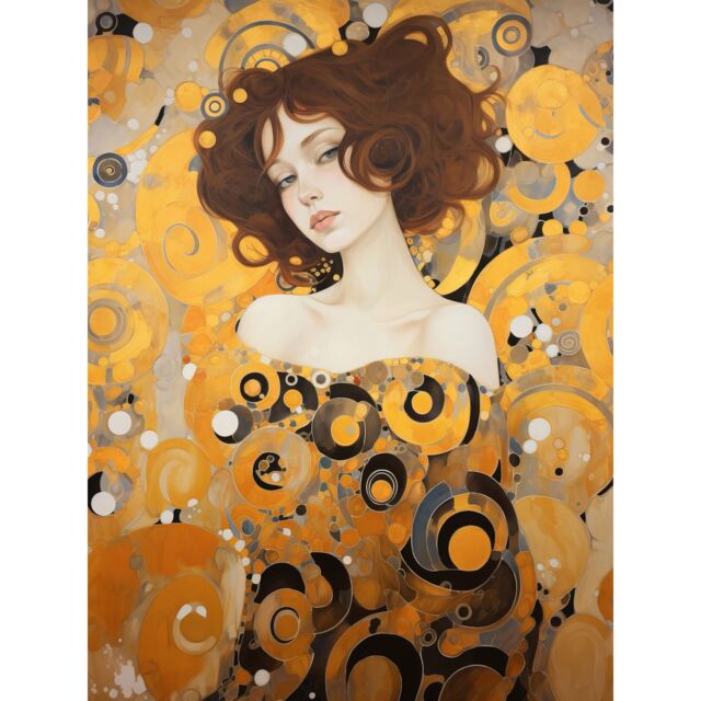 "Artery8 Wall Art Print Woman Portrait Gustav Klimt Style Oil Painting Gold Brown Artist Muse Art Nouveau Artwork Poster in Yellow - Size: W18"" x H24""" - image 1