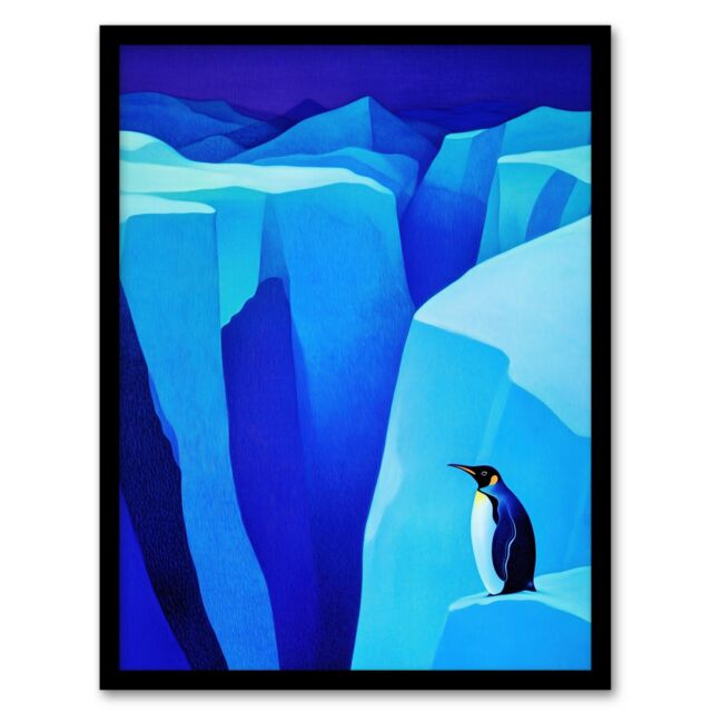 Artery8 Lone King Penguin Antarctic Ice Glacier Landscape Framed Art Print in Blue - Size: A4 - image 1