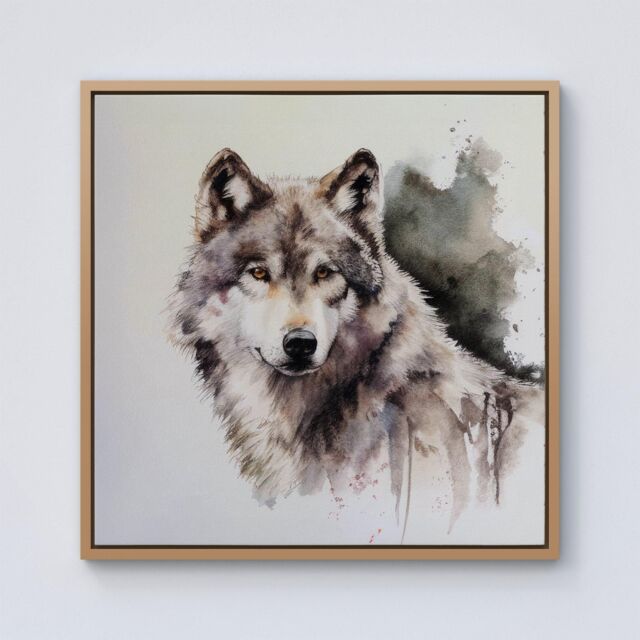 Warren Reed - Designer Loyal Wolf Watercolour Framed Canvas in Light Brown - Size: w40 inch x h40 inch - image 1