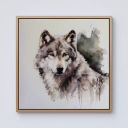 Warren Reed - Designer Loyal Wolf Watercolour Framed Canvas in Light Brown - Size: w40 inch x h40 inch - thumbnail 1