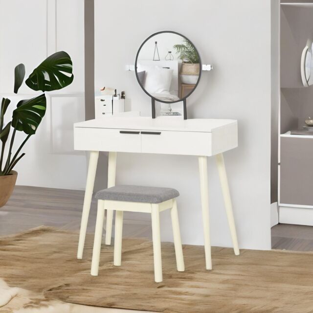 Pirlo Plush Dressing Table With Mirror & Cushioned Stool in White - image 1