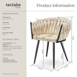 tectake Dining Chair Astano - Padded, Velvet, Knot Design, Continuous Backrest in Light Sand - Size: 2 Pack - thumbnail 6