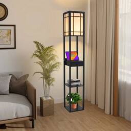 FLAVORA Standard Floor Lamp with Shelf Storage Wooden in Black - Size: 10 inches - thumbnail 3