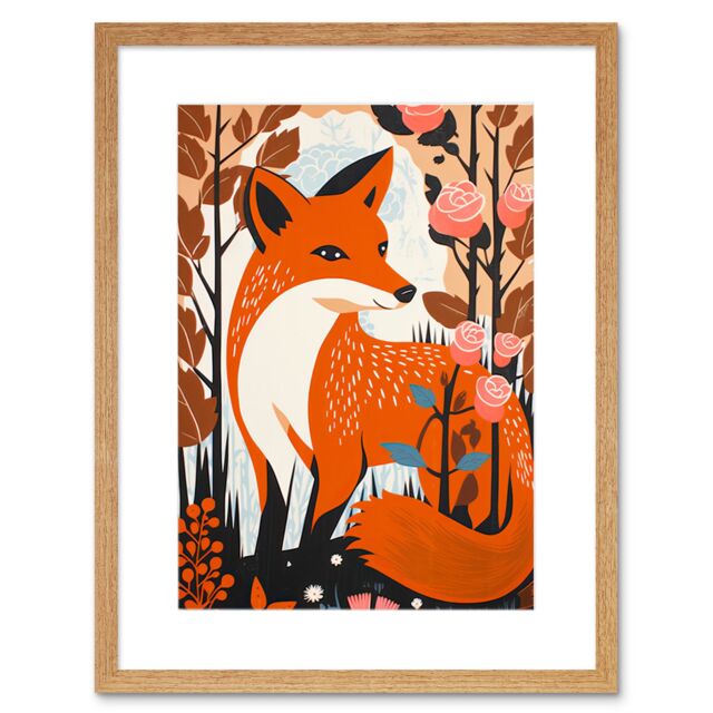 "Artery8 Wall Art Print The Fox & Rose Bush Pastel Colour Autumn Forest Landscape Flowers Artwork Framed 9X7 Inch in Beige - Size: W7"" x H9""" - image 1