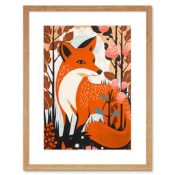 "Artery8 Wall Art Print The Fox & Rose Bush Pastel Colour Autumn Forest Landscape Flowers Artwork Framed 9X7 Inch in Beige - Size: W7"" x H9""" - thumbnail 1