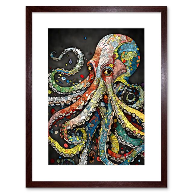 "Artery8 Wall Art Print Behind the Octopus Eyes Watercolour Pastel Colour Tentacle Doodle Pattern Artwork Framed 9X7 Inch in Brown - Size: W7"" x H9""" - image 1