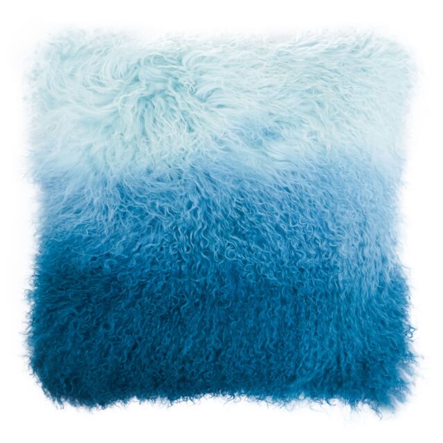 Orsina Blue Ombre Mongolian Lamb Fur Square Cushion, Luxe Gradient Faux Fur Throw Pillow with Feather Filler - image 1