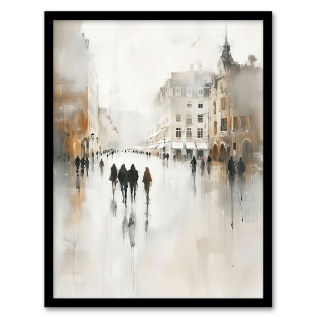 Artery8 Rainy Day in the City Painting Grey Cityscape Framed Art Print in Off-White - Size: A4 - image 1