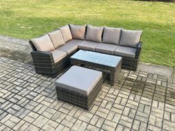 Fimous 7 Seat Rattan Garden Furniture Corner Sofa Set Outdoor Patio Sofa Table Set with Big Footstool Dark Grey Mixed - thumbnail 1