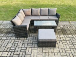 Fimous 7 Seat Rattan Garden Furniture Corner Sofa Set Outdoor Patio Sofa Table Set with Big Footstool Dark Grey Mixed - thumbnail 2