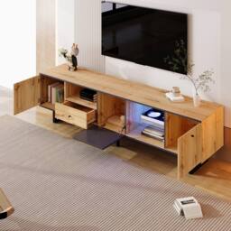 Matteo Lowboard TV Cabinet - LED Lighting, Glass - Dark Grey, Natural - thumbnail 3