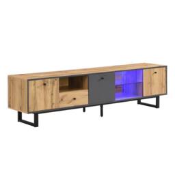 Matteo Lowboard TV Cabinet - LED Lighting, Glass - Dark Grey, Natural - thumbnail 9
