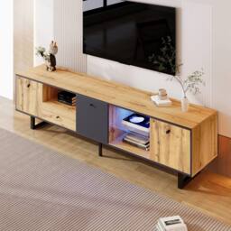 Matteo Lowboard TV Cabinet - LED Lighting, Glass - Dark Grey, Natural - thumbnail 2
