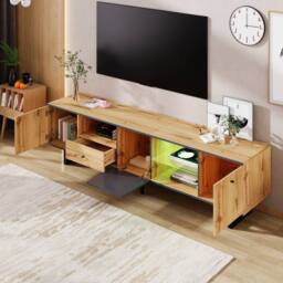 Matteo Lowboard TV Cabinet - LED Lighting, Glass - Dark Grey, Natural - thumbnail 7