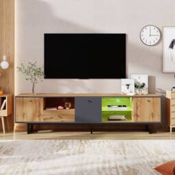 Matteo Lowboard TV Cabinet - LED Lighting, Glass - Dark Grey, Natural - thumbnail 8