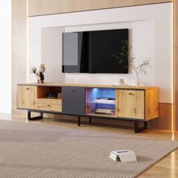 Matteo Lowboard TV Cabinet - LED Lighting, Glass - Dark Grey, Natural