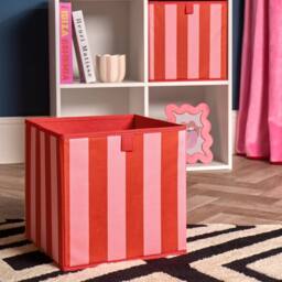 OHS 2 x Stripe Print Cube Storage Boxes Folding Shoe Organiser in Pink