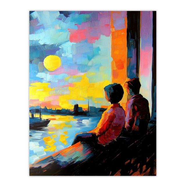 "Artery8 Sunset Coastal View Couple Love Romantic Painting Wall Art Print in Blue - Size: W18"" x H24""" - image 1