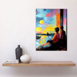 "Artery8 Sunset Coastal View Couple Love Romantic Painting Wall Art Print in Blue - Size: W18"" x H24""" - thumbnail 4