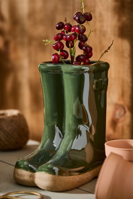 Dibor Small Green Children Wellington Outdoor Boot Ceramic Indoor Outdoor Flower Pot Garden Planter H17 x W15cm - image 1