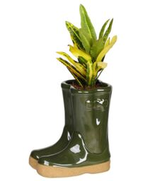 Dibor Small Green Children Wellington Outdoor Boot Ceramic Indoor Outdoor Flower Pot Garden Planter H17 x W15cm - thumbnail 2