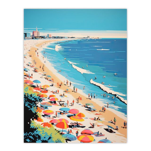 "Wee Blue Coo Wall Art Print Surf Sand Sea & Sunshine Busy Beach Coastal Landscape Orange Pink Blue Graphic Painting Poster - Size: W18"" x H24""" - image 1
