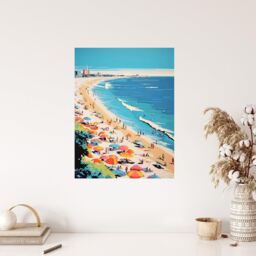 "Wee Blue Coo Wall Art Print Surf Sand Sea & Sunshine Busy Beach Coastal Landscape Orange Pink Blue Graphic Painting Poster - Size: W18"" x H24""" - thumbnail 4