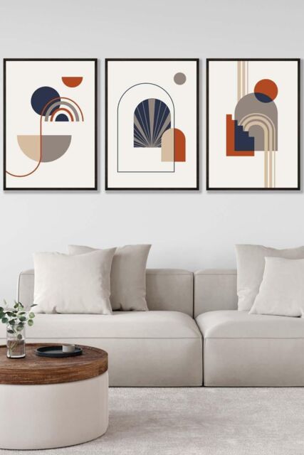 ARTZE Set of 3 Black Framed Mid Century Terracotta, Beige & Navy Blue Arches Wall Art in Terracotta - Size: W53 cm x H73 cm x D20mm - image 1