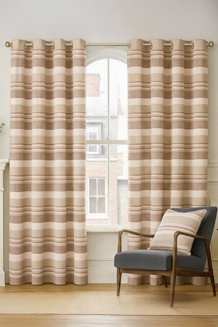 Homescapes Cotton Morocco Striped Curtain Pair in Beige - Size: 140 cm width x 137 cm drop - image 1