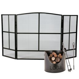 Dibor Contemporary Style Black Fire Screen Guard H64 x W120cm with Log & Kindling Bucket