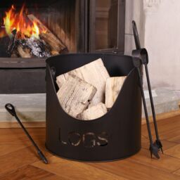 Dibor Contemporary Style Black Fire Screen Guard H64 x W120cm with Log & Kindling Bucket - thumbnail 4