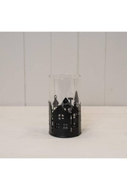 KDMD Small Black Metal House Scene Candle Holder with Glass Insert - image 1