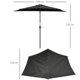 OUTSUNNY 2.7m Garden Half Parasol, Outdoor Patio Umbrella with 5 Steel Ribs in Black - thumbnail 3