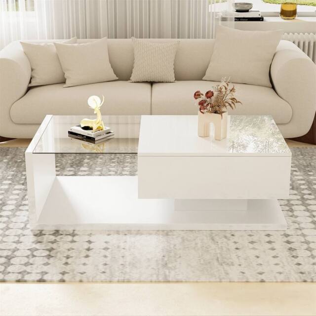 VOGREX Coffee Table High Gloss Wooden Drawer Storage Living Room Furniture in White - image 1