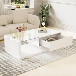 VOGREX Coffee Table High Gloss Wooden Drawer Storage Living Room Furniture in White - thumbnail 4