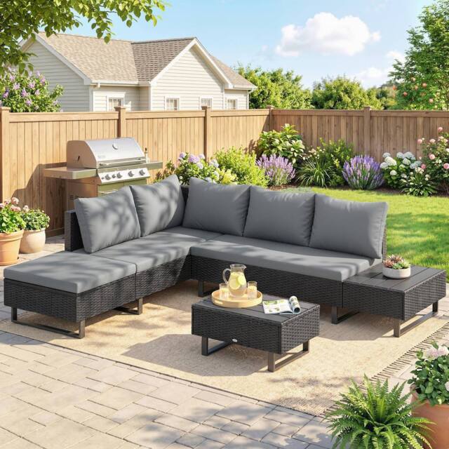 OUTSUNNY 5 Seater Rattan Garden Furniture Set, Adjustable Back, Dark Grey