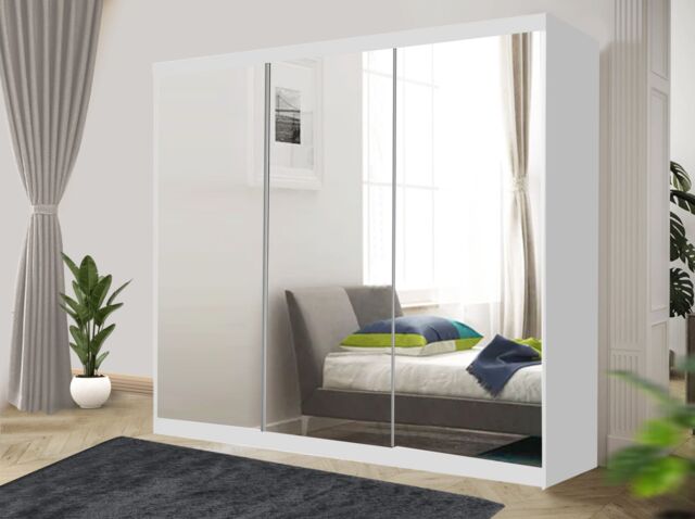 RAC3 Sliding Mirror Wardrobe with Drawers - Modern Bedroom Storage 250 cm in White - image 1