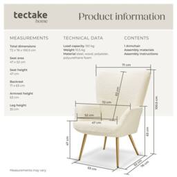 tectake Armchair Hygge - Bouclé Cream/Gold in Cream - thumbnail 6